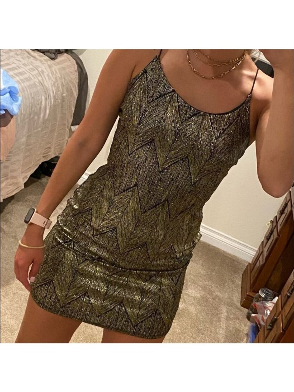 Black Gold Metallic Mini Cocktail Dress Size Medium